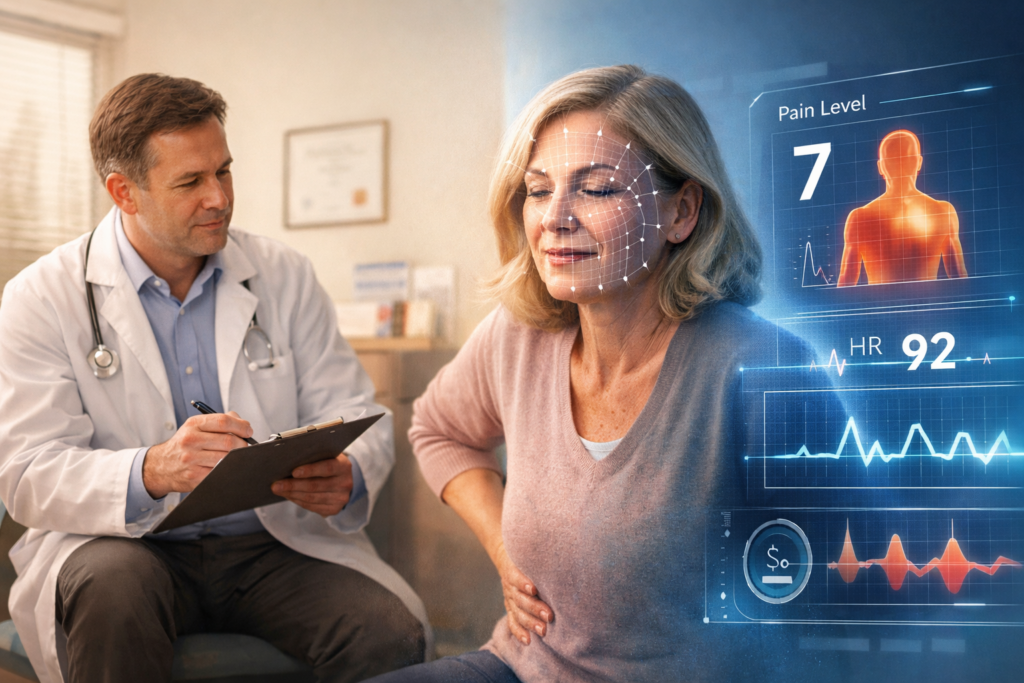 AI-powered pain assessment overlay on a patient in a Sacramento pain management clinic — APDSS