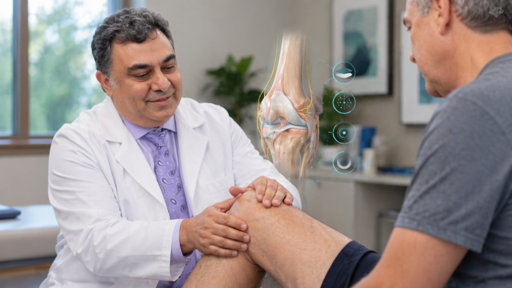 Dr. Kayvan Haddadan examining a patient's knee for osteoarthritis treatment evaluation at APDSS Sacramento
