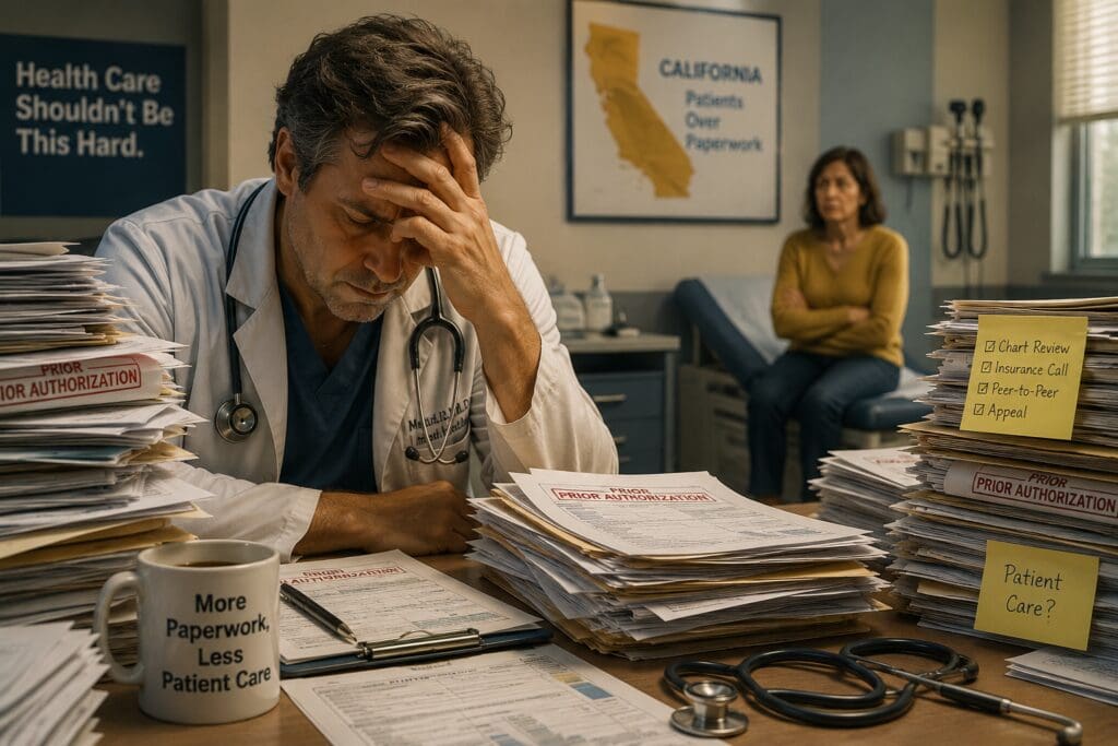 Exhausted California physician overwhelmed by prior authorization paperwork while patient waits in background