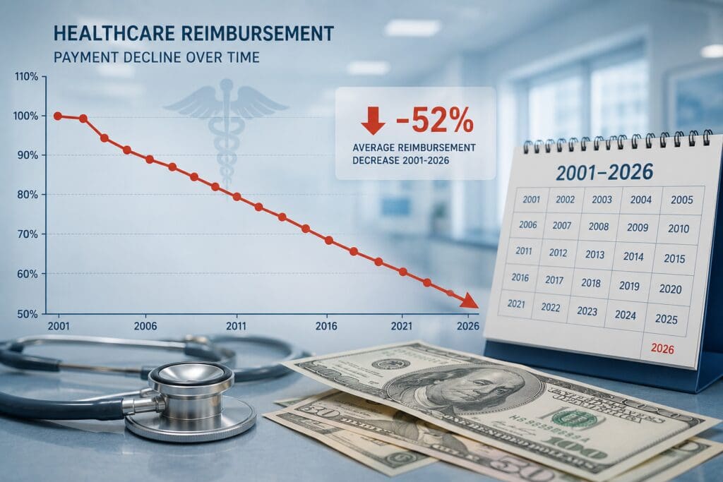 Declining healthcare reimbursement chart showing physician payment decline from 2001 to 2026
