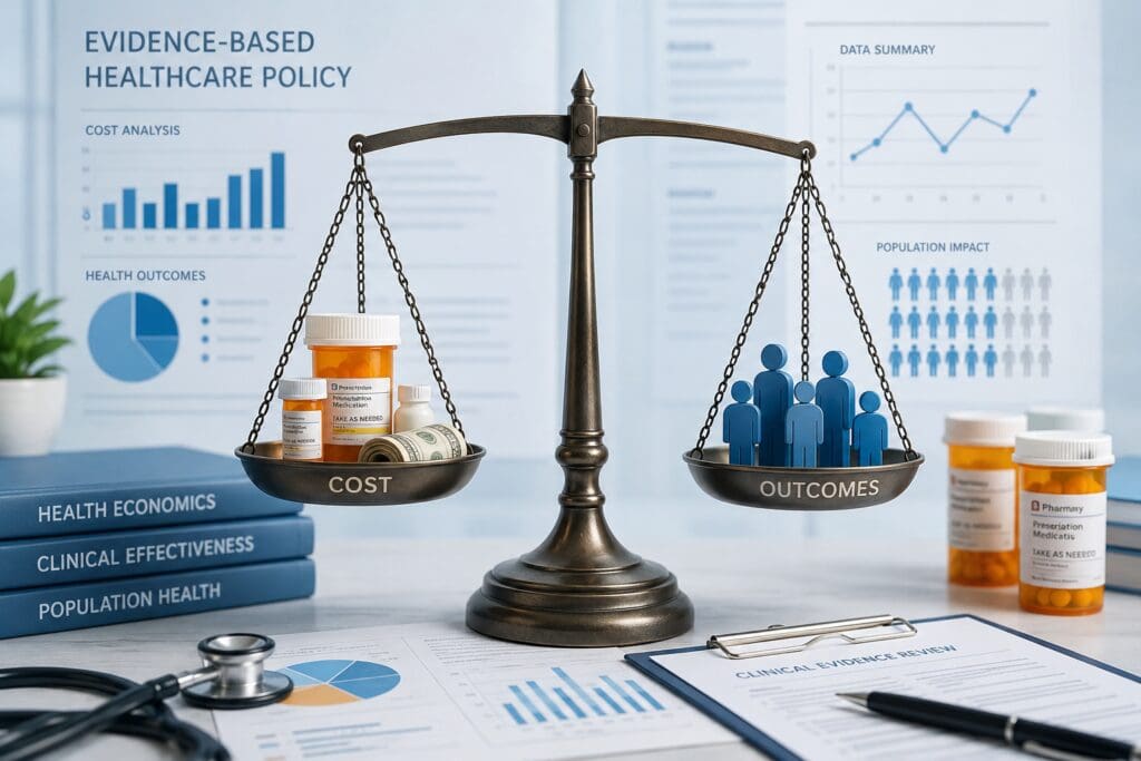 Balance scale showing cost vs. outcomes in California opioid prescribing policy with evidence-based healthcare data